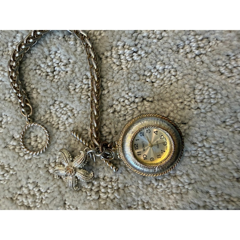 Monet Vintage Two Tone Starfish Charm Bracelet Watch Nautical Toggle Clasp Gold